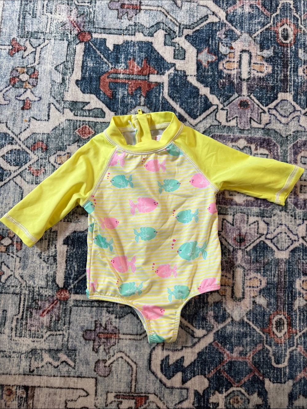 Kids Long Sleeve Rashguard Swimsuit - Yellow with Pink & Teal Fish